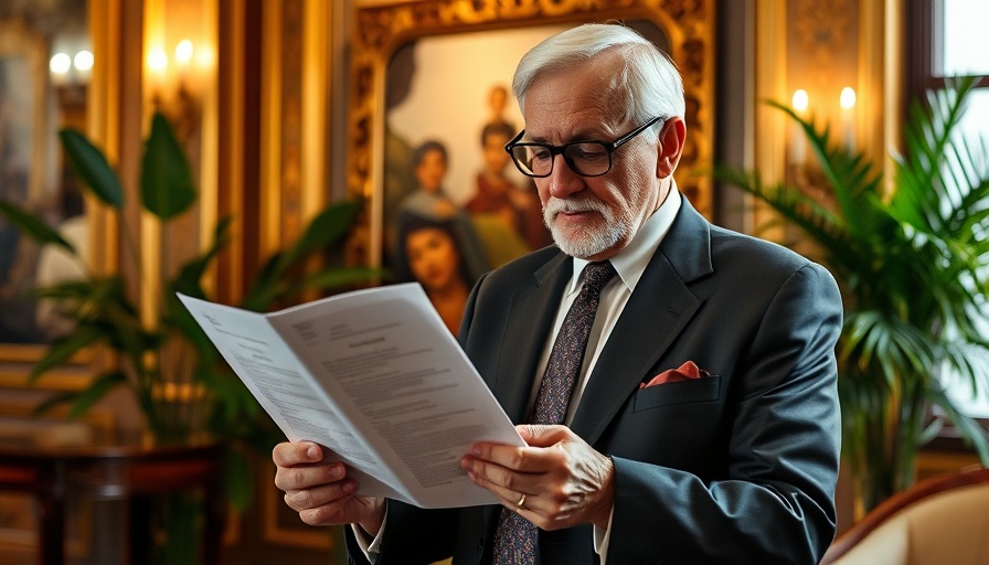 Older man reviewing a document in a formal setting. Public lands.