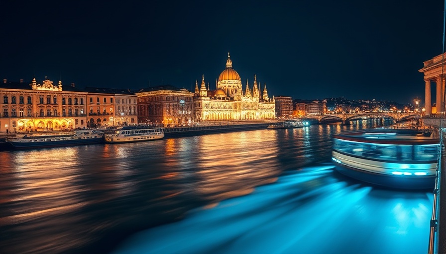 River cruising at night with illuminated cityscape background.