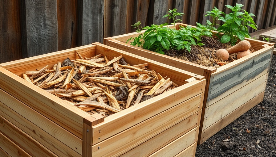 Wooden compost bins filled with organic waste in a garden.