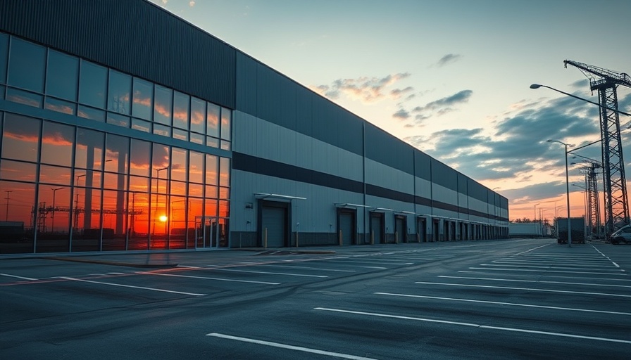 Sustainability-themed modern warehouse at sunset