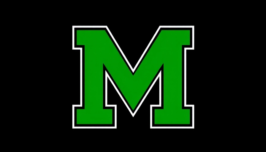 Bold green varsity letter M with white outline on black background, Robotics Team logo.