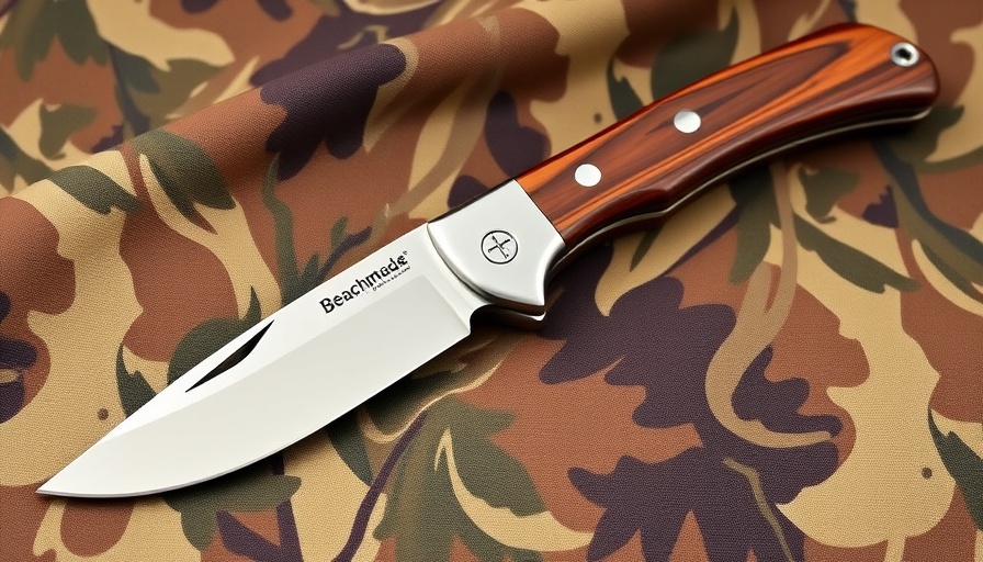 Benchmade Saddle Mountain Skinner knife on camo fabric with wooden handle.