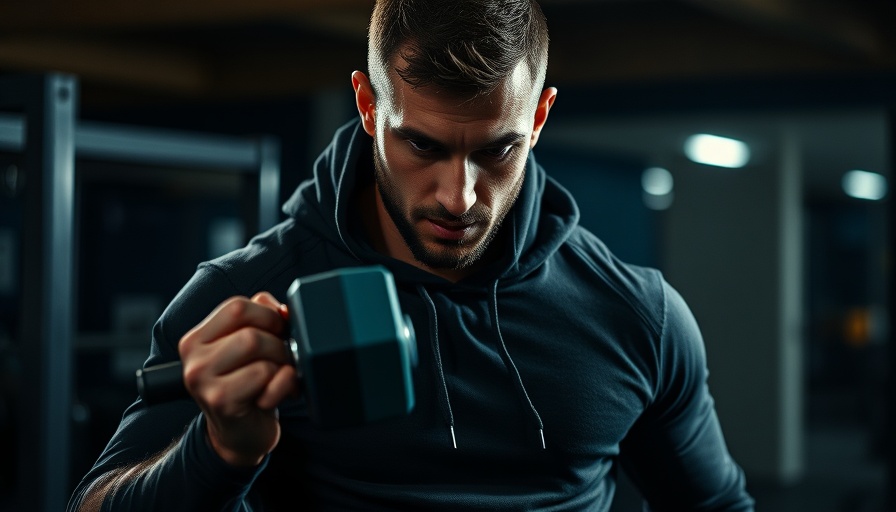 Man in 5.11 Stratos Hoodie lifting dumbbell in home gym.