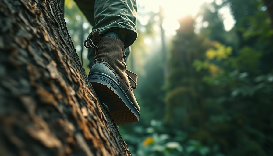 SITKA Gear camo boots climbing a tree in a forest.