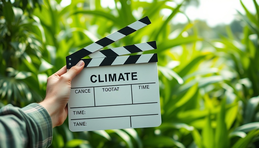 Clapperboard labeled 'Climate' held against green foliage, symbolizing sustainability in education.