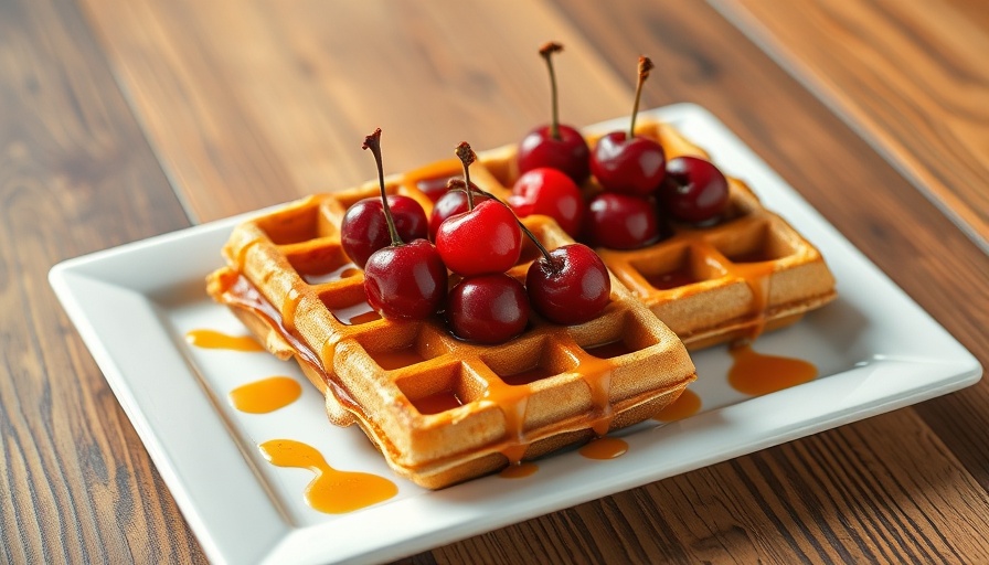 Plant-Based Breakfast Ideas with waffles and cherries on a wooden table.