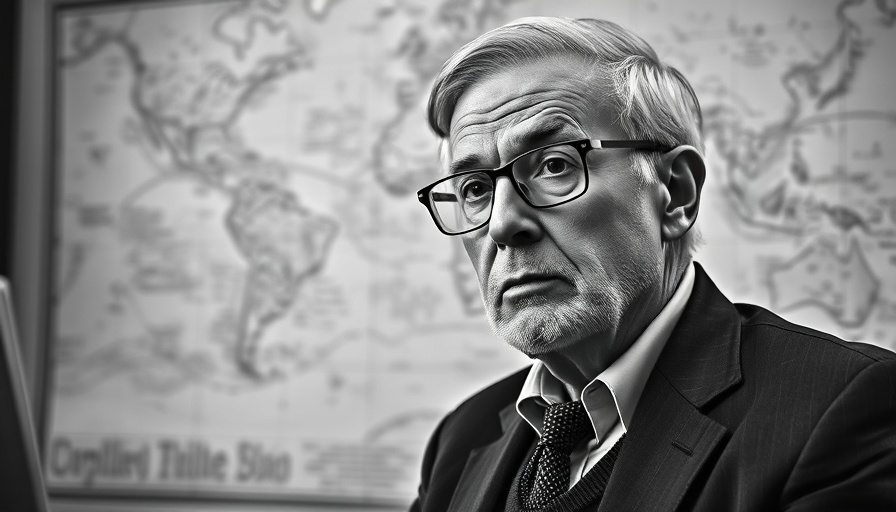 Man beside historical map in office setting, focused expression.