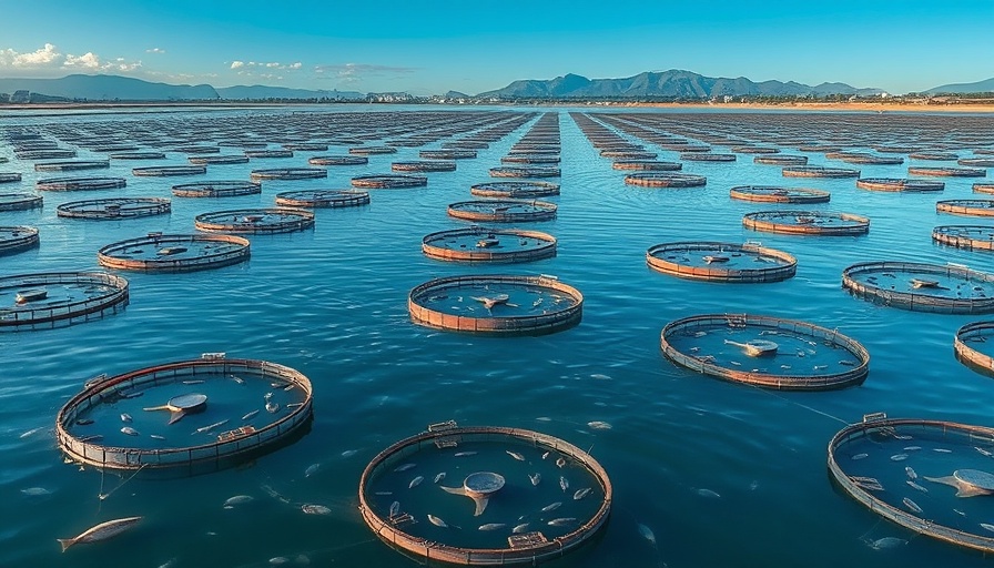 Aquatic fish farming setup with cages and distant mountains.