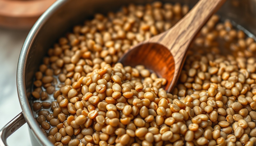 Cooked lentils in a pot with a wooden spoon, showcasing how to cook lentils.