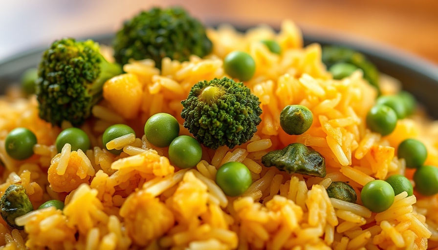 Vibrant coconut curry rice with broccoli and peas.