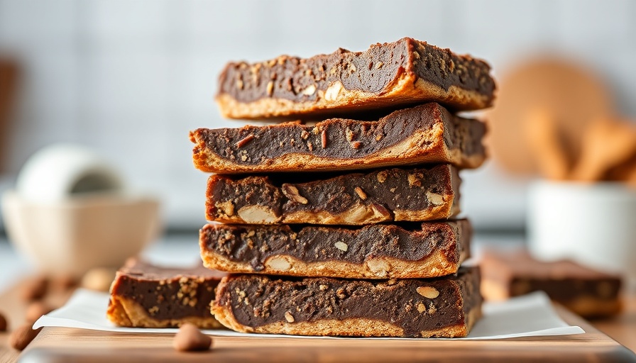 Delicious stack of no-bake chocolate almond butter bars on a plate.