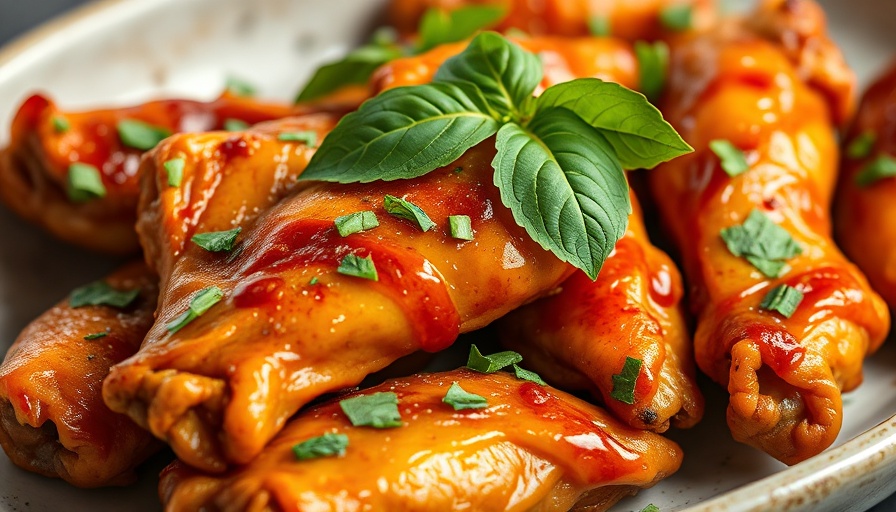 Tasty baked Thai basil wings with fresh basil garnish.