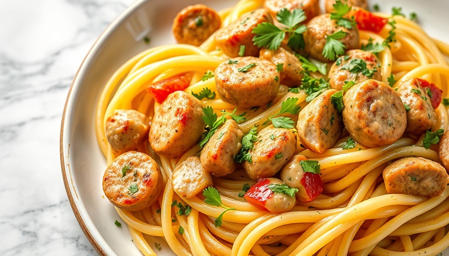 Delicious chicken sausage pasta with herbs and Brussels sprouts.