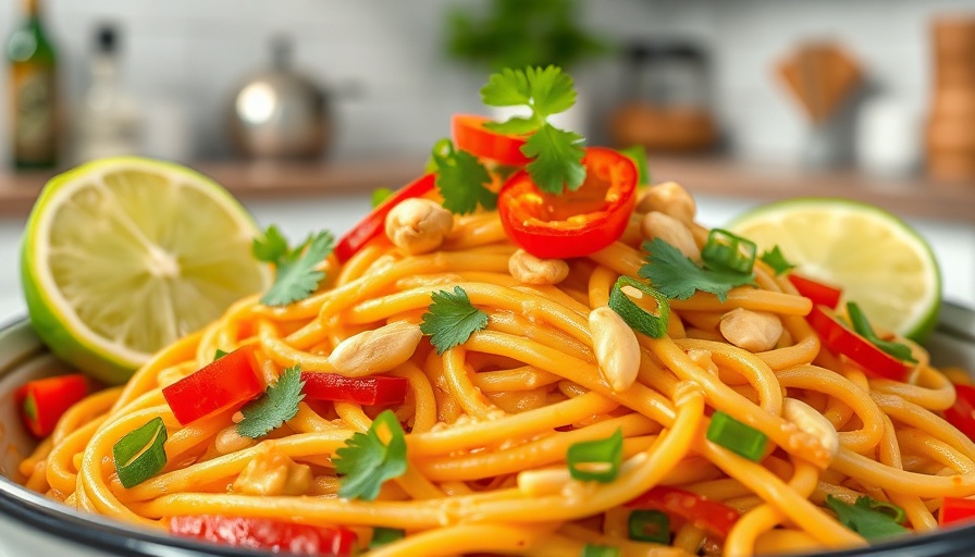 Easy vegan spicy peanut noodles topped with cilantro and lime in a bowl.