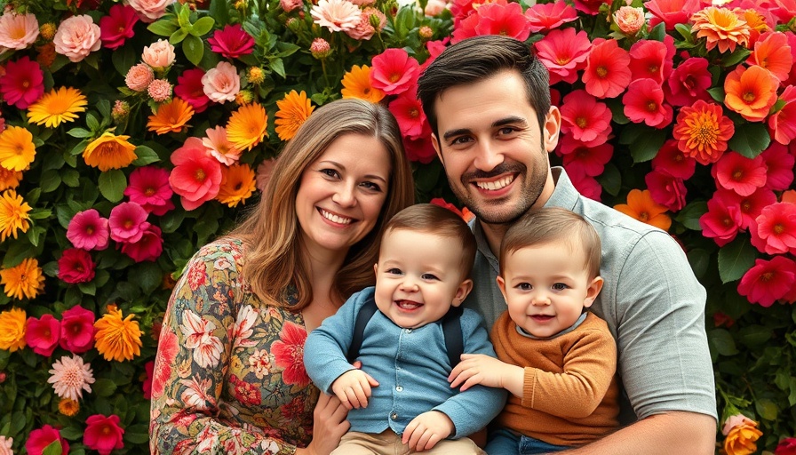 Happy family of five posing against a floral wall.