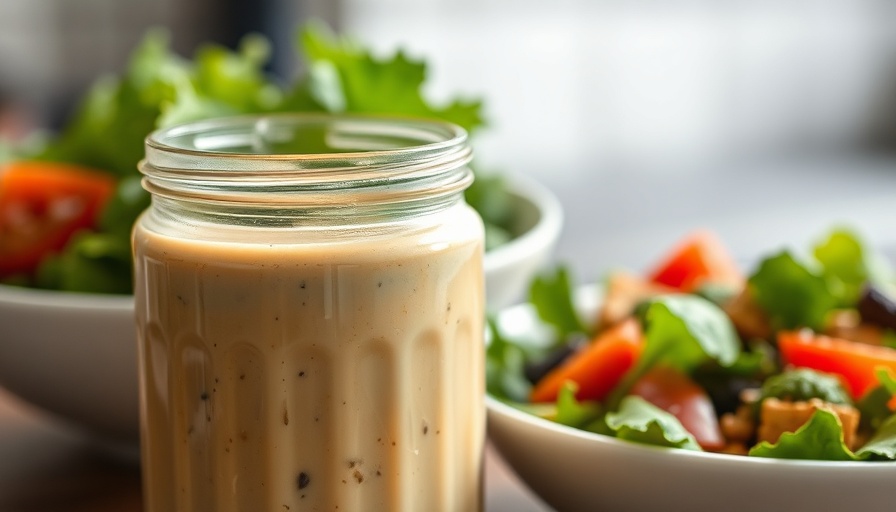 Glass jar of creamy miso dressing beside fresh salad ingredients.