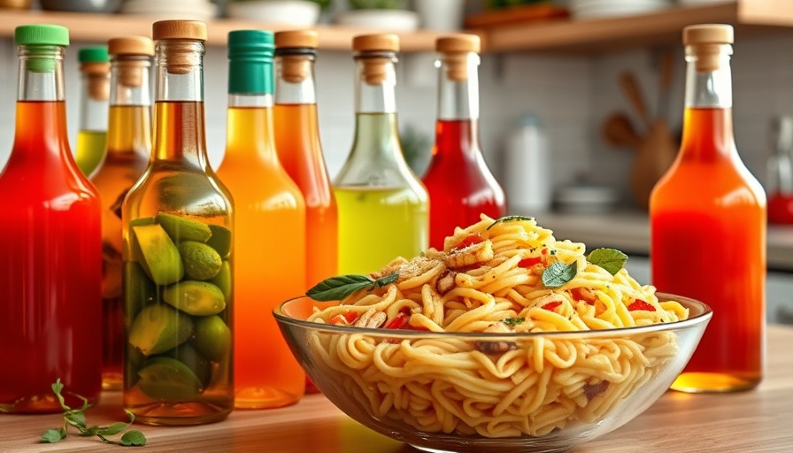 California specialty vinegars displayed next to a fresh pasta salad.