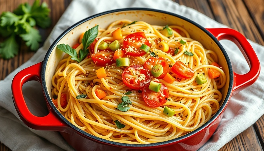 Baked noodles recipe with vibrant vegetables in a red pot.