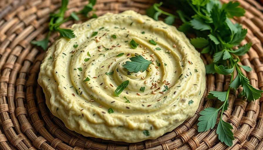 Creamy zucchini baba ganoush served with herbs and sesame seeds.