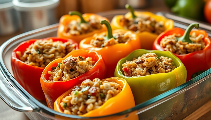 Vegan Lebanese stuffed peppers in a baking dish, colorful and savory.