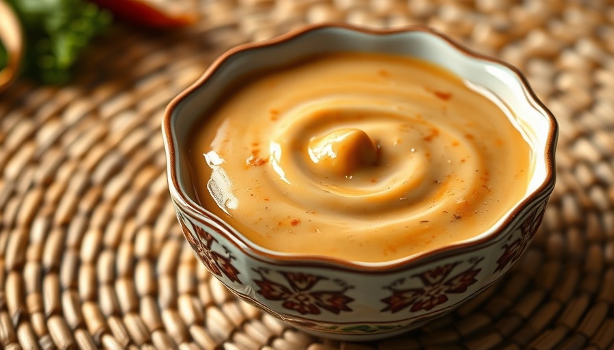 Creamy 3 Ingredient Satay Sauce in a decorative bowl on a mat.