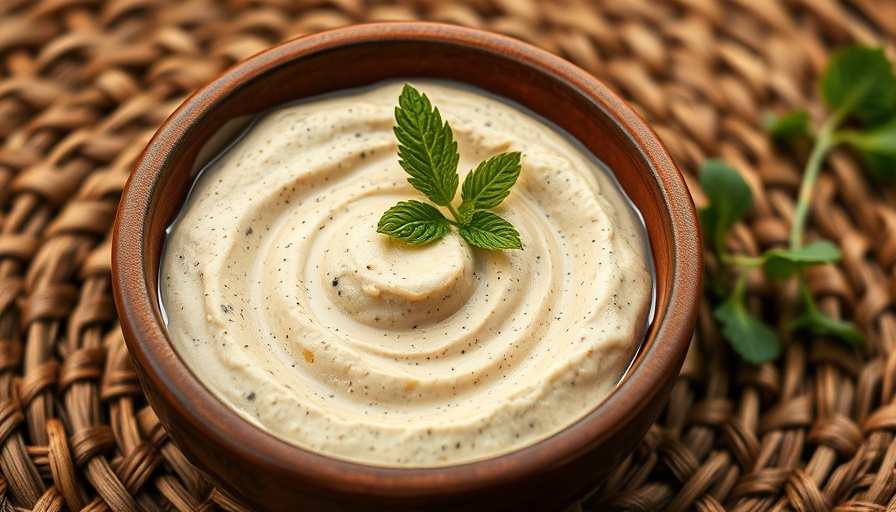 Swiss chard tahini dip served in a brown bowl with mint.