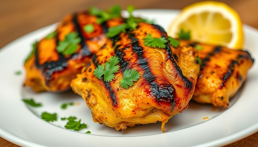 Juicy grilled turmeric chicken on a white plate with cilantro.