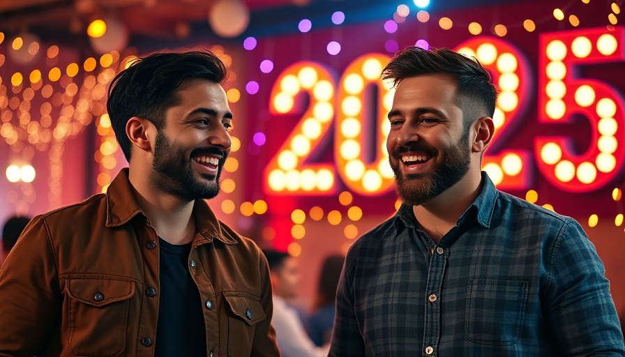 Healthy tips for 2025 with two smiling men and festive lights.