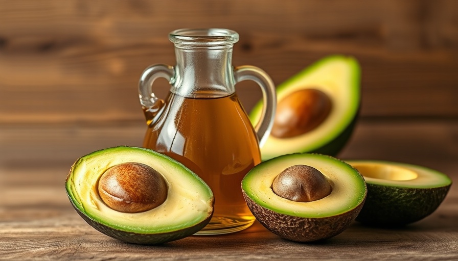 Avocado oil and sliced avocado with smiling person, highlighting health effects.