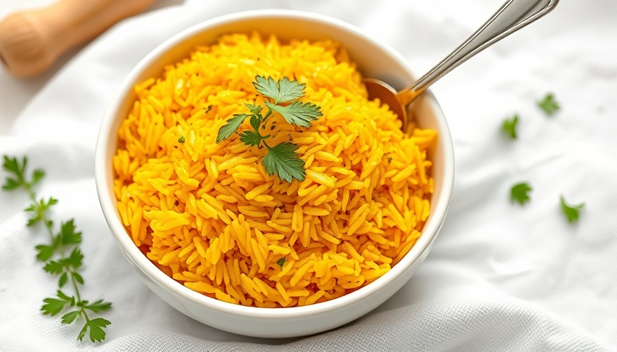 Golden turmeric basmati rice garnished with herbs in a white bowl.