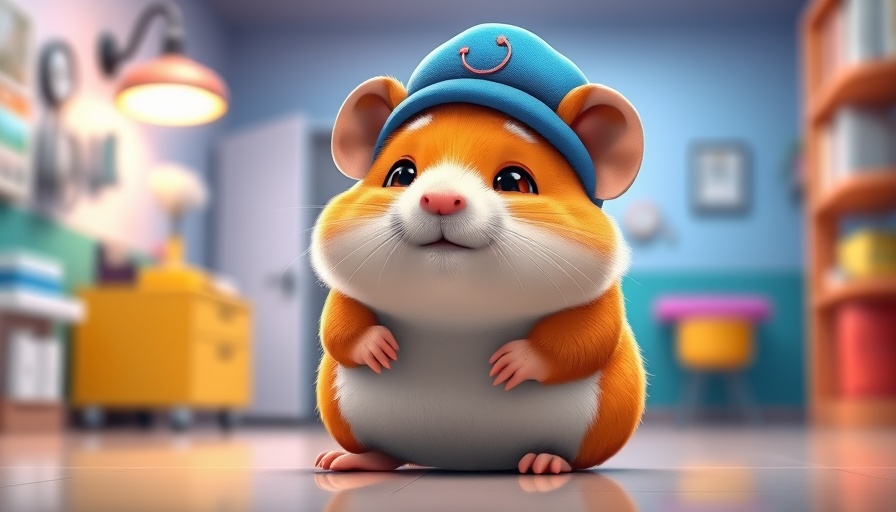 Funny pet cartoon hamster with a blue hat in a colorful vet clinic.