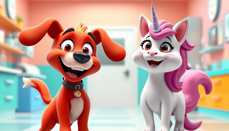 Funny pet cartoons in a colorful vet clinic with whimsical animal characters.