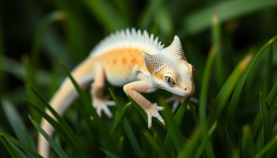 Sable Lilly White Crested Gecko resting on a hand, vivid grass background.
