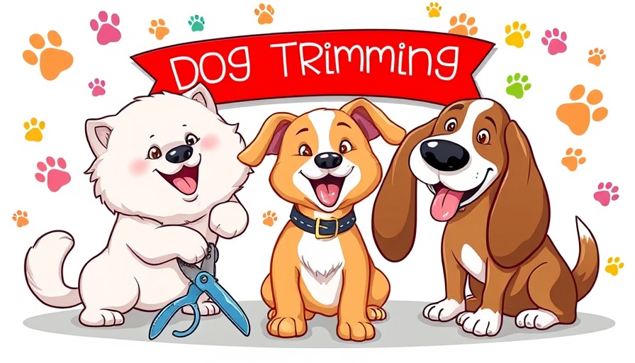 Playful dog nail trimming cartoon with various breeds and clippers.