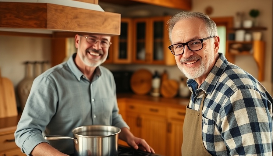 Middle-aged man in kitchen preparing food, related to pet health services.