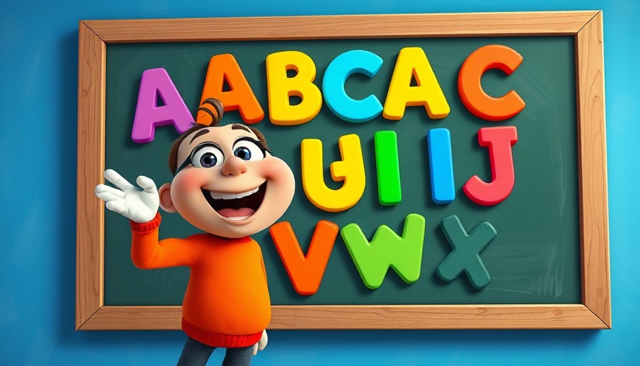 Colorful animated character with ABC on chalkboard, ABC Phonics Song for Kids.