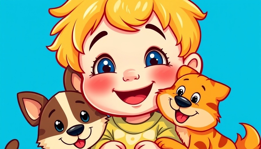 Children Fun animated scene with toddler, dog, and cat.