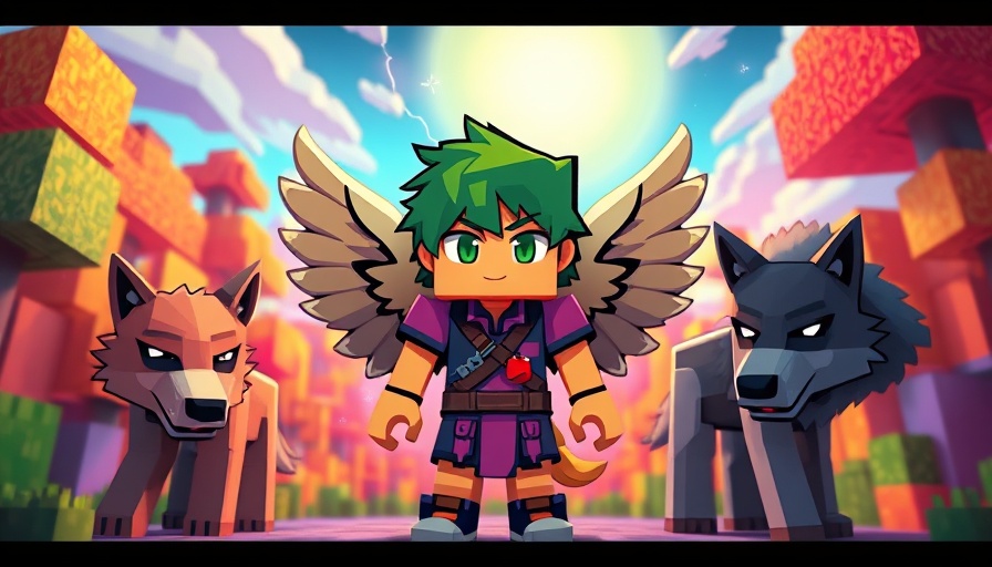 Pixelated animated character with wings and two cartoon wolves in Minecraft world.