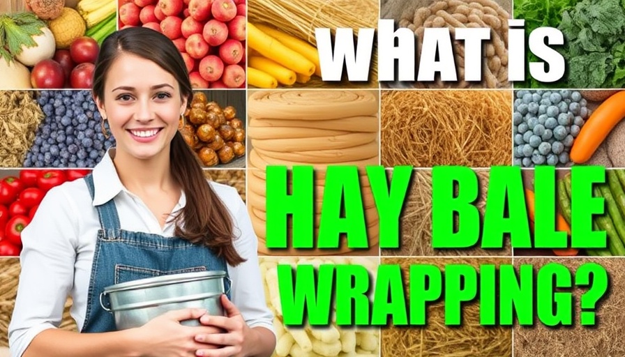 Informative poster on hay bale wrapping with farm produce and woman.