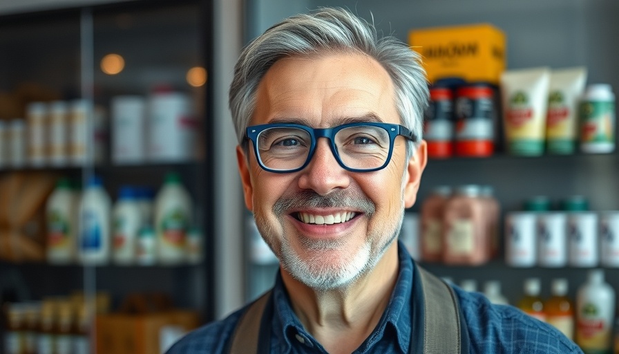 Middle-aged man with blue glasses smiling indoors with product shelves in the background.