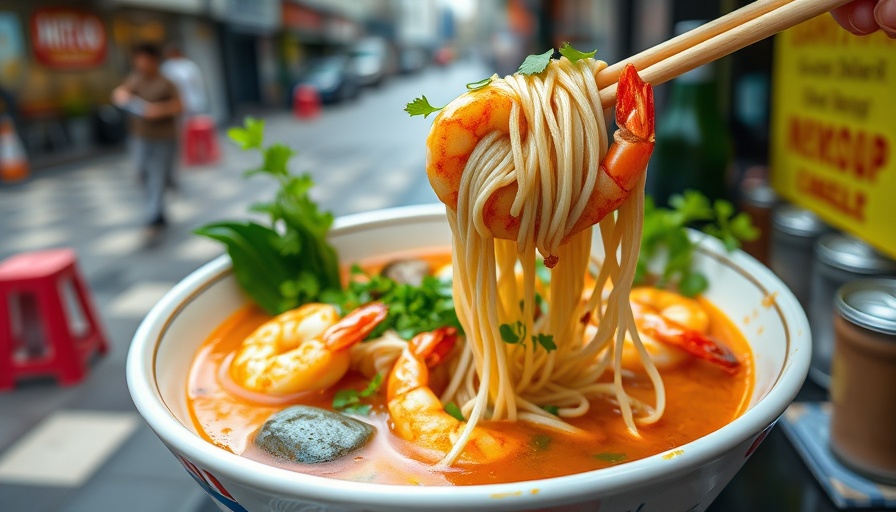 Healthy food: vibrant shrimp noodle soup bowl, fresh herbs.