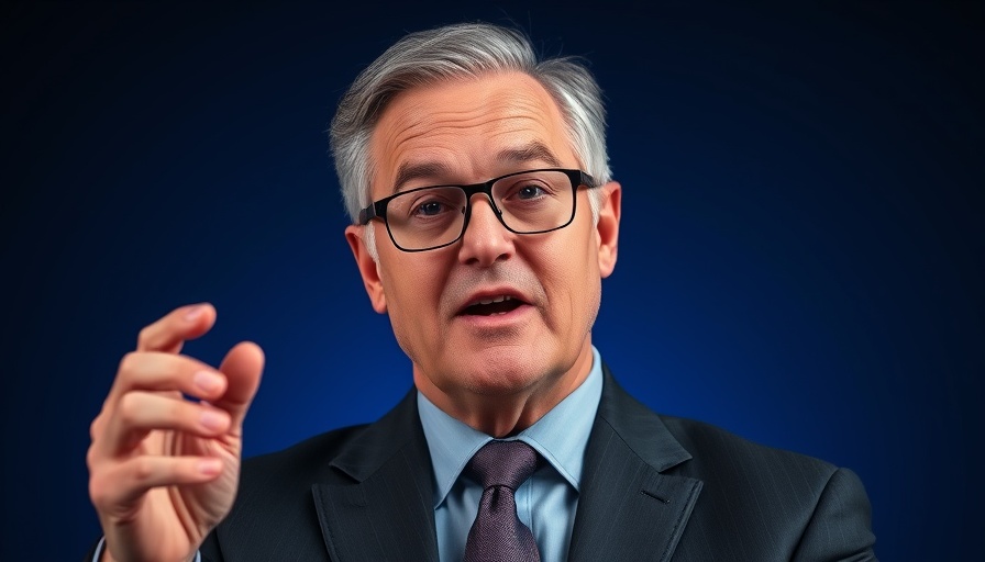 Middle-aged man in glasses gesturing passionately against dark background.