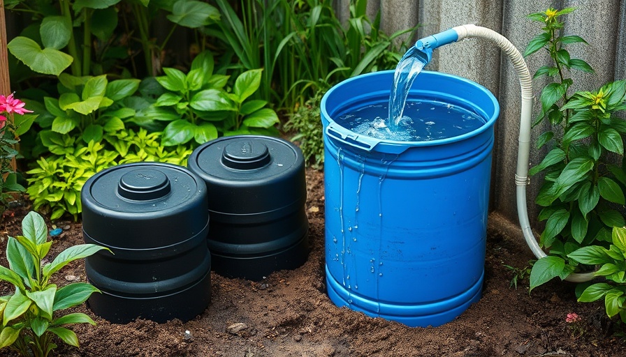 Colorful setup displaying rainwater harvesting techniques with blue barrel and black tanks.