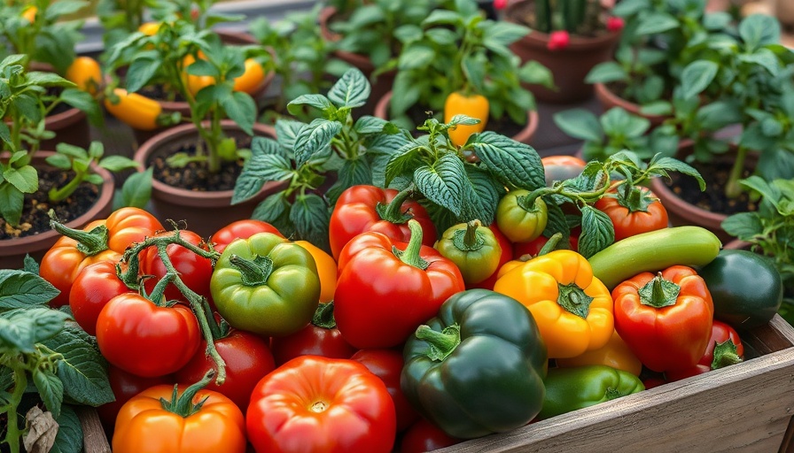 Colorful vegetables grown in containers, featuring tomatoes and peppers.