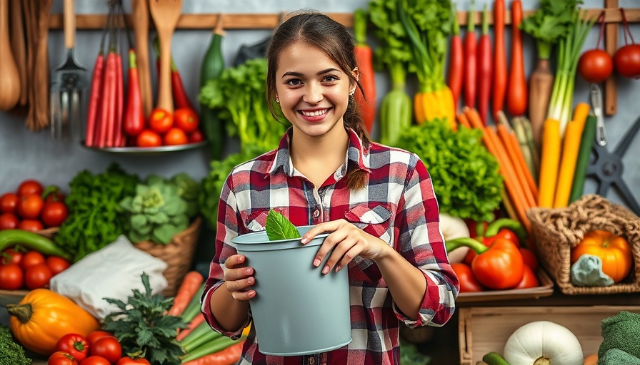 Young woman in plaid shirt with agricultural tools and vegetables.