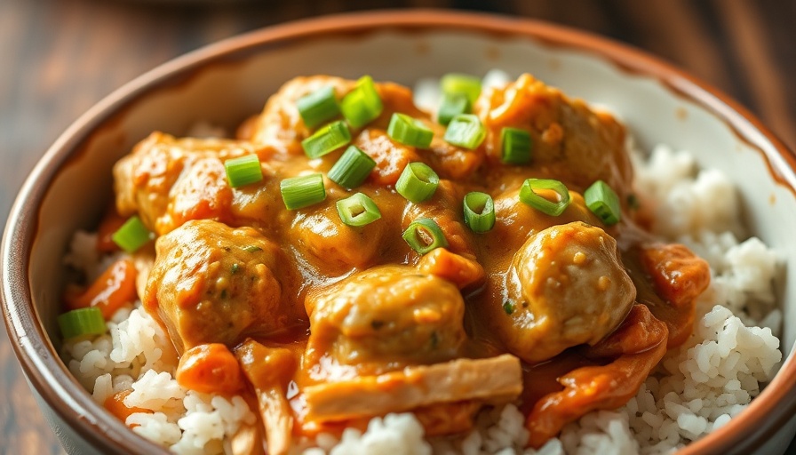 Chicken Étouffée recipe for families in a bowl with white rice and green onions.