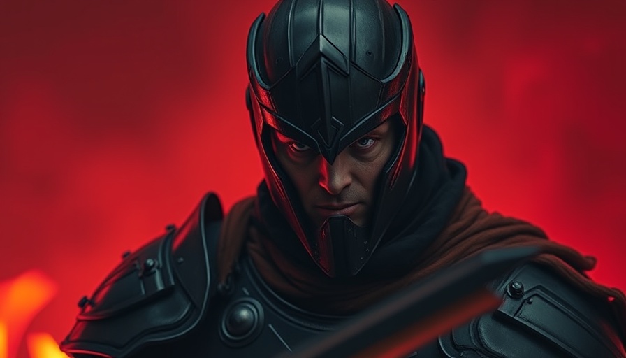 Dramatic final battle scene with dark armored figure and red sword.