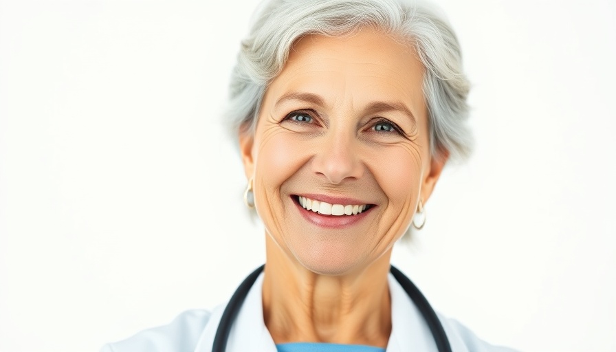 Confident senior female doctor in clinical setting, promoting senior living.