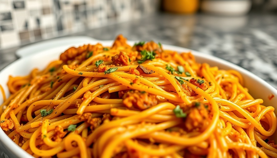 Million Dollar Spaghetti Bake Recipe in a white dish on countertop.