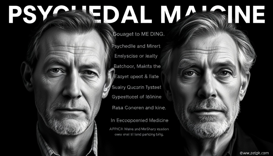 Two men in a poster about psychedelics for treating mental health.